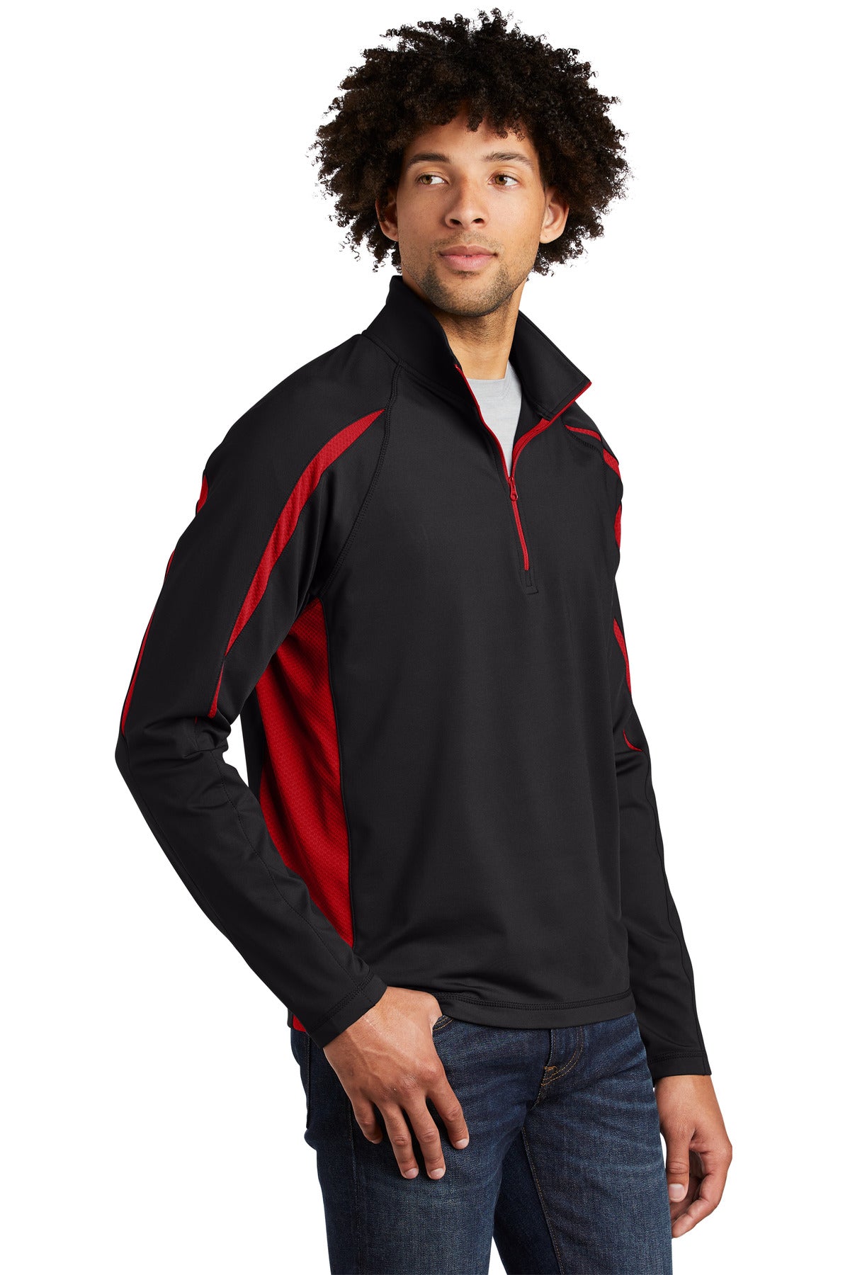 Black/True Red Sport-Tek Sport-Wick Stretch 1/2-Zip Colorblock Pullover. ST851