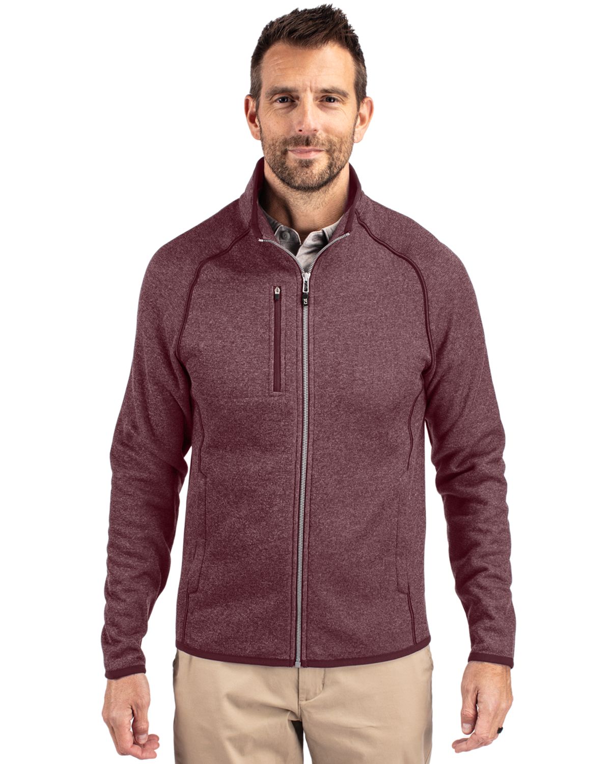 Bordeaux Heather Cutter & Buck Mainsail Sweater-Knit Mens Full Zip Jacket  - S