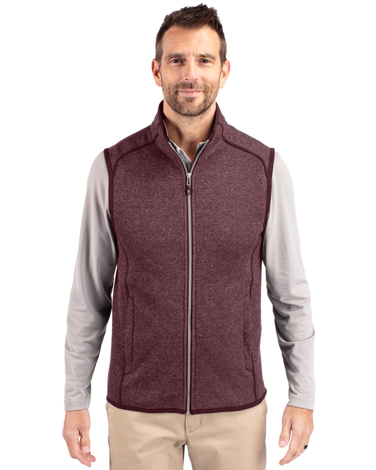 Bordeaux Heather Cutter & Buck Mainsail Sweater-Knit Mens Full Zip Vest  - S