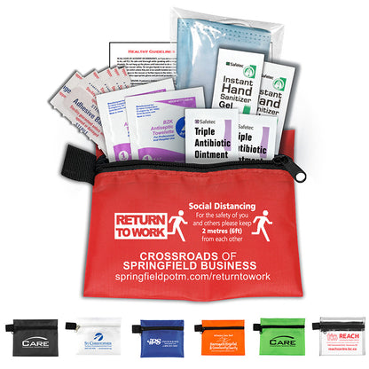 Bixby Plus San" 13 Piece Mask & Sanitizing Safety Kit inserted into Zipper Pack