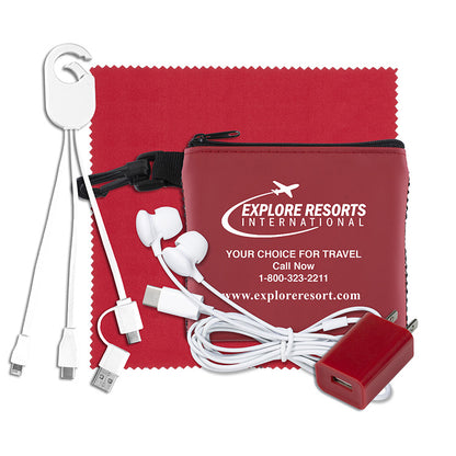 “TechMesh Clip” Mobile Tech Accessory Kit in Mesh Zipper Pouch Components inserted into Zipper Pouch