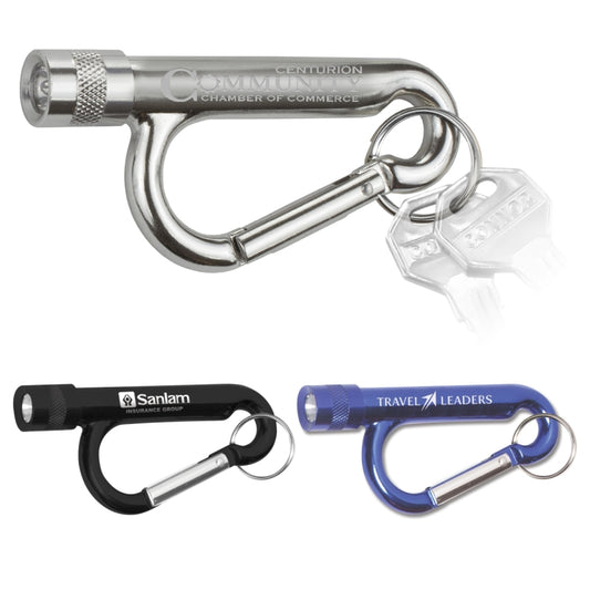 Silver "Chiron Light" Metal Carabiner Flashlight with Split Ring Attachment