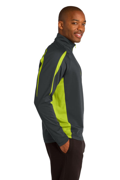 Char Gry/Green Sport-Tek Sport-Wick Stretch 1/2-Zip Colorblock Pullover. ST851