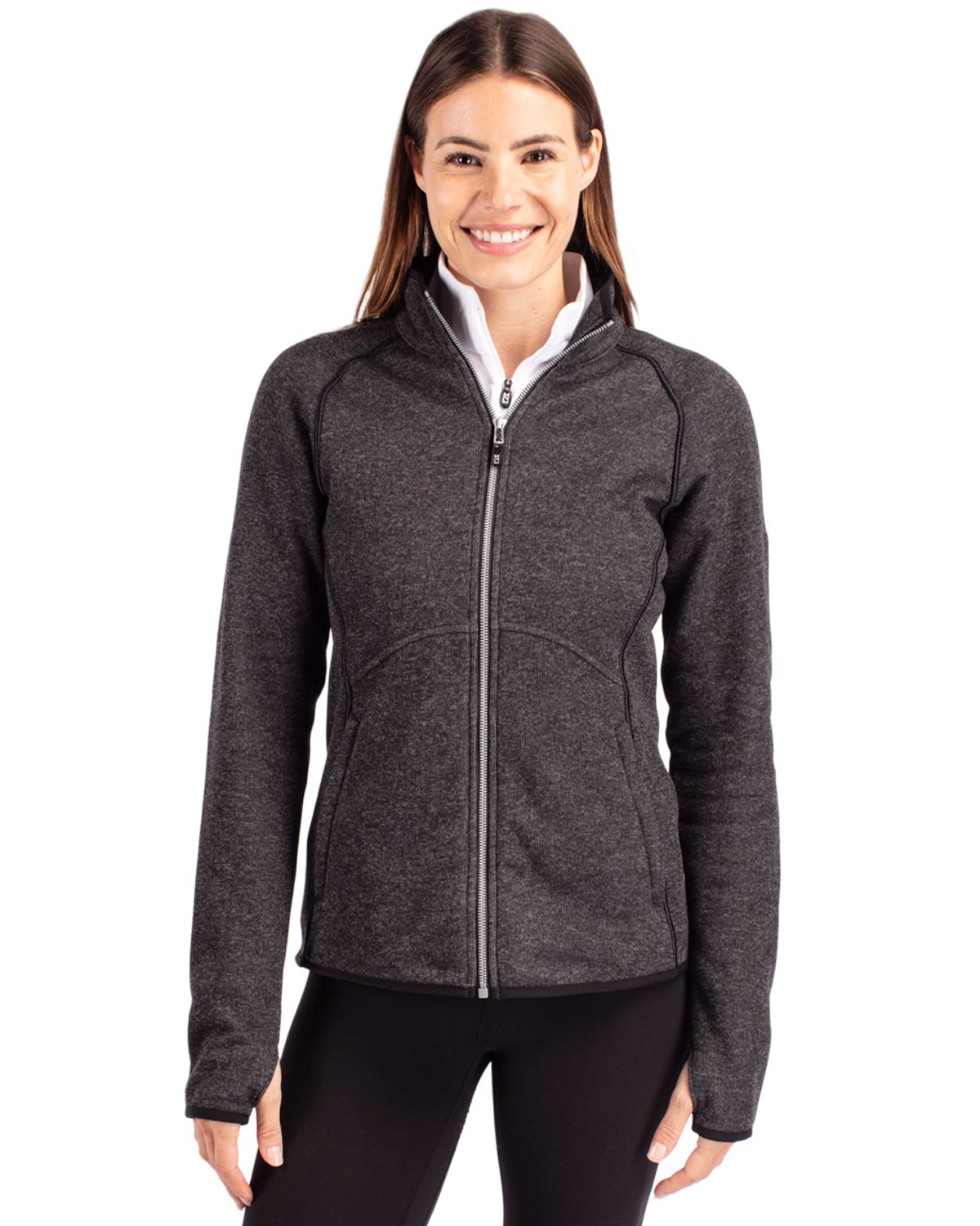 Charcoal Heather Cutter & Buck Mainsail Sweater-Knit Womens Full Zip Jacket  - XS