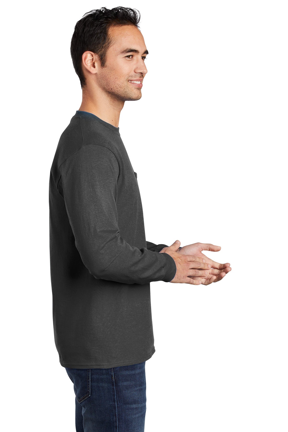 Charcoal Port & Company Long Sleeve Essential Pocket Tee. PC61LSP