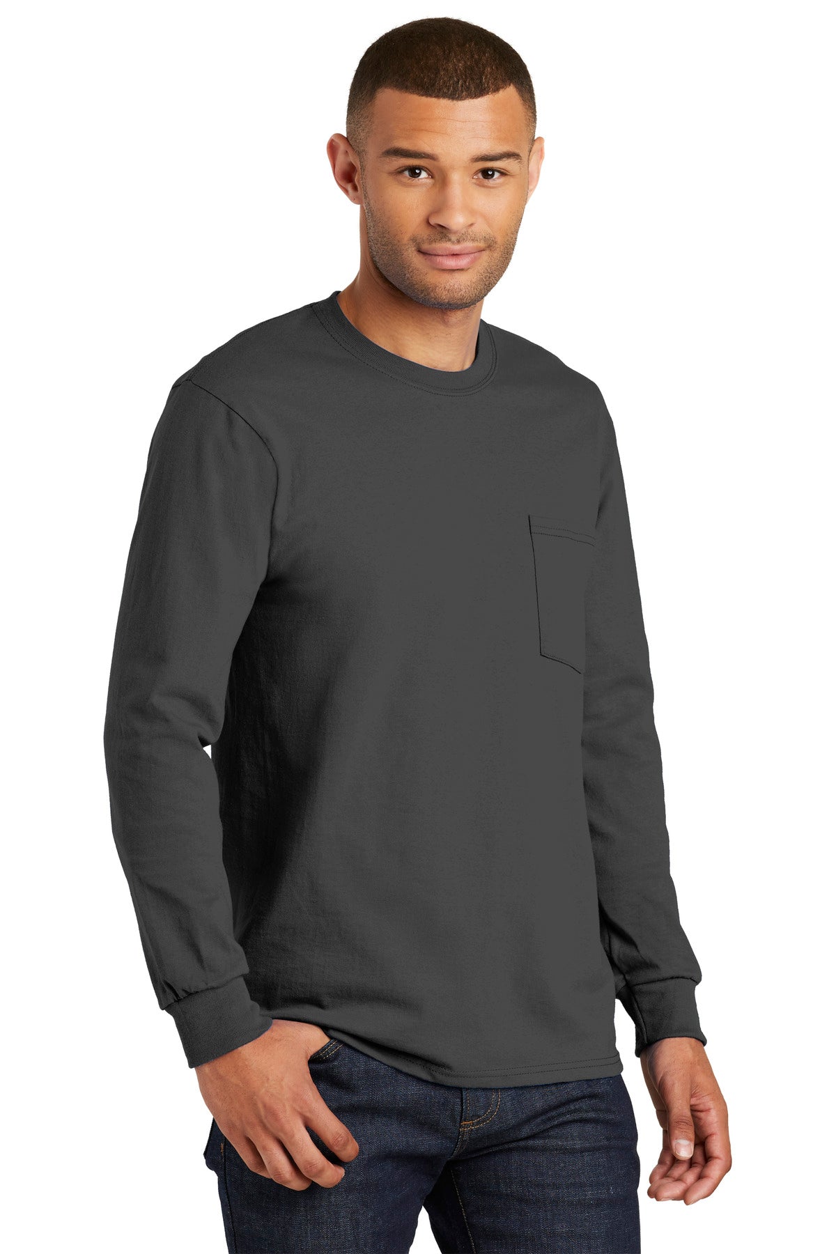 Charcoal Port & Company Tall Long Sleeve Essential Pocket Tee. PC61LSPT