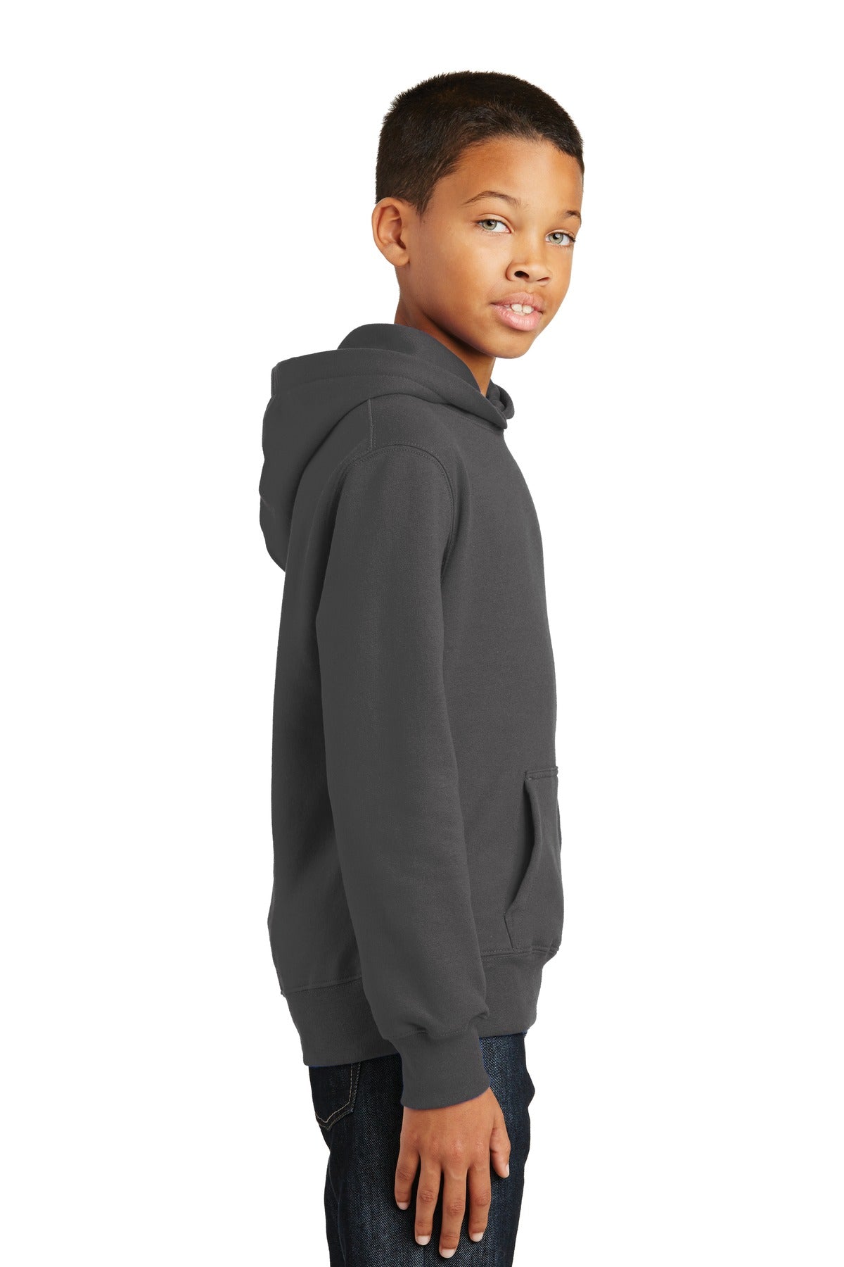 Charcoal Port & Company Youth Fan Favorite Fleece Pullover Hooded Sweatshirt. PC850YH
