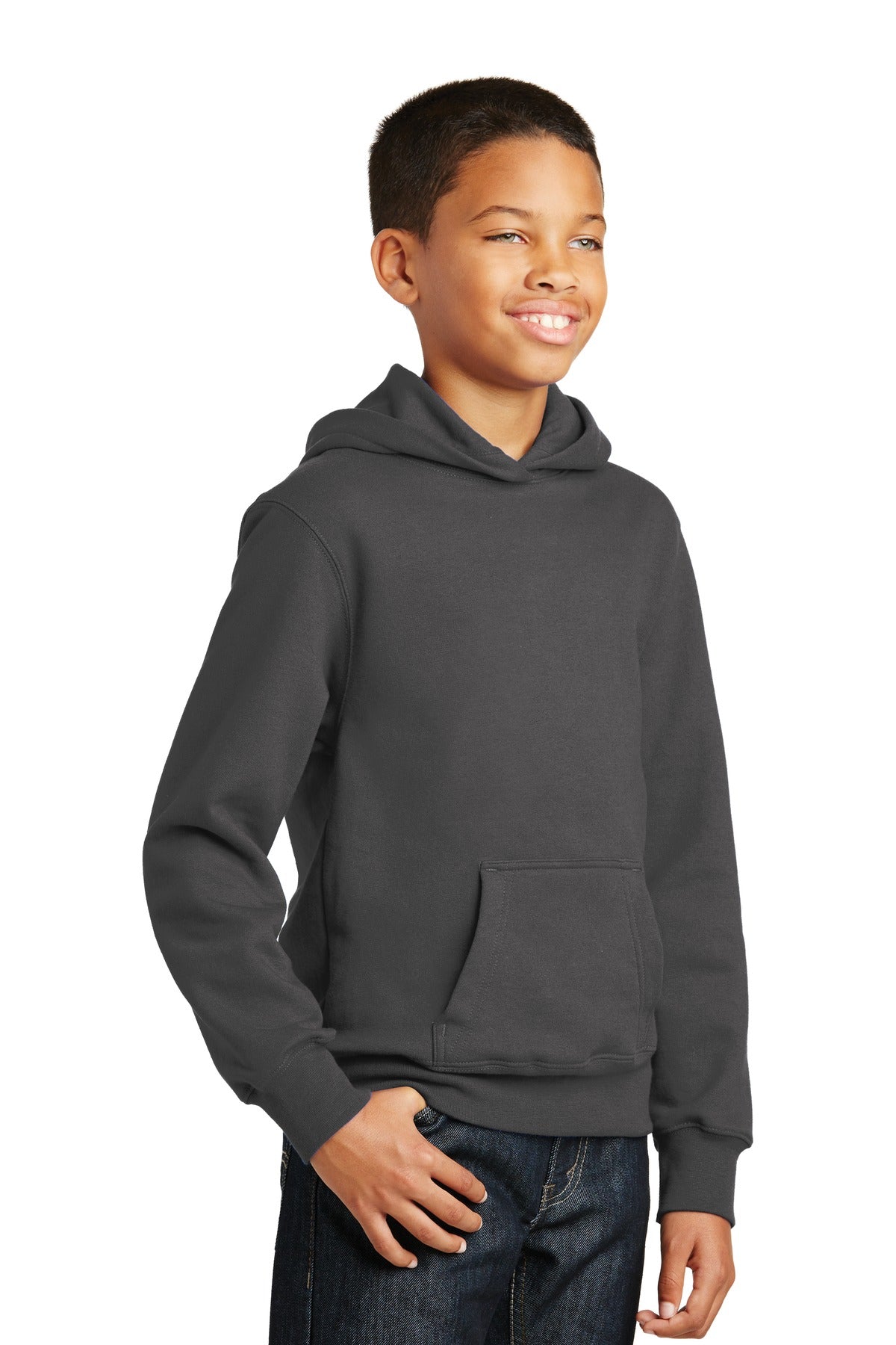 Charcoal Port & Company Youth Fan Favorite Fleece Pullover Hooded Sweatshirt. PC850YH