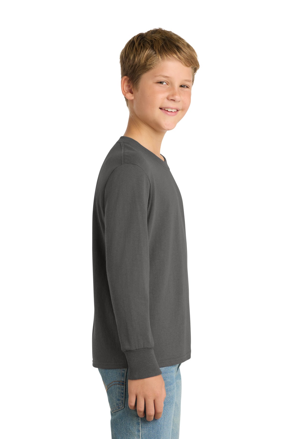 Charcoal Port & Company Youth Long Sleeve Core Cotton Tee. PC54YLS