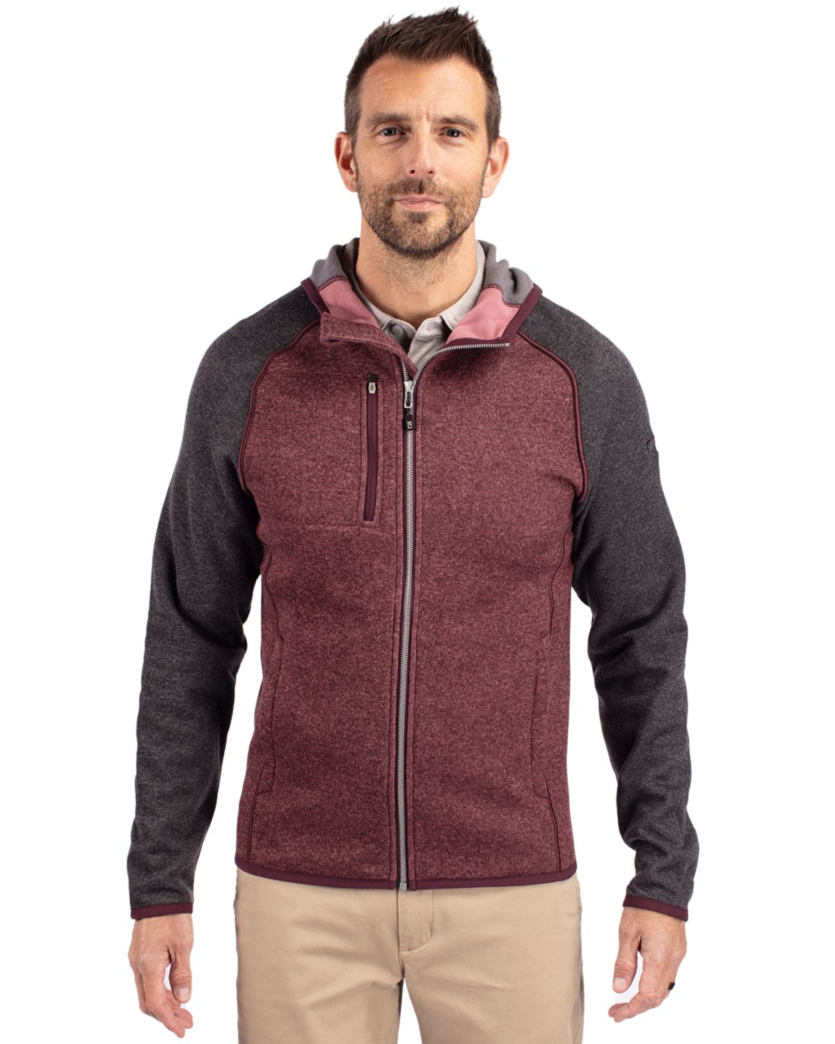 Bordeaux Heather/Charcoal Heat Cutter & Buck Mainsail Full Zip Hooded Mens Jacket  - S
