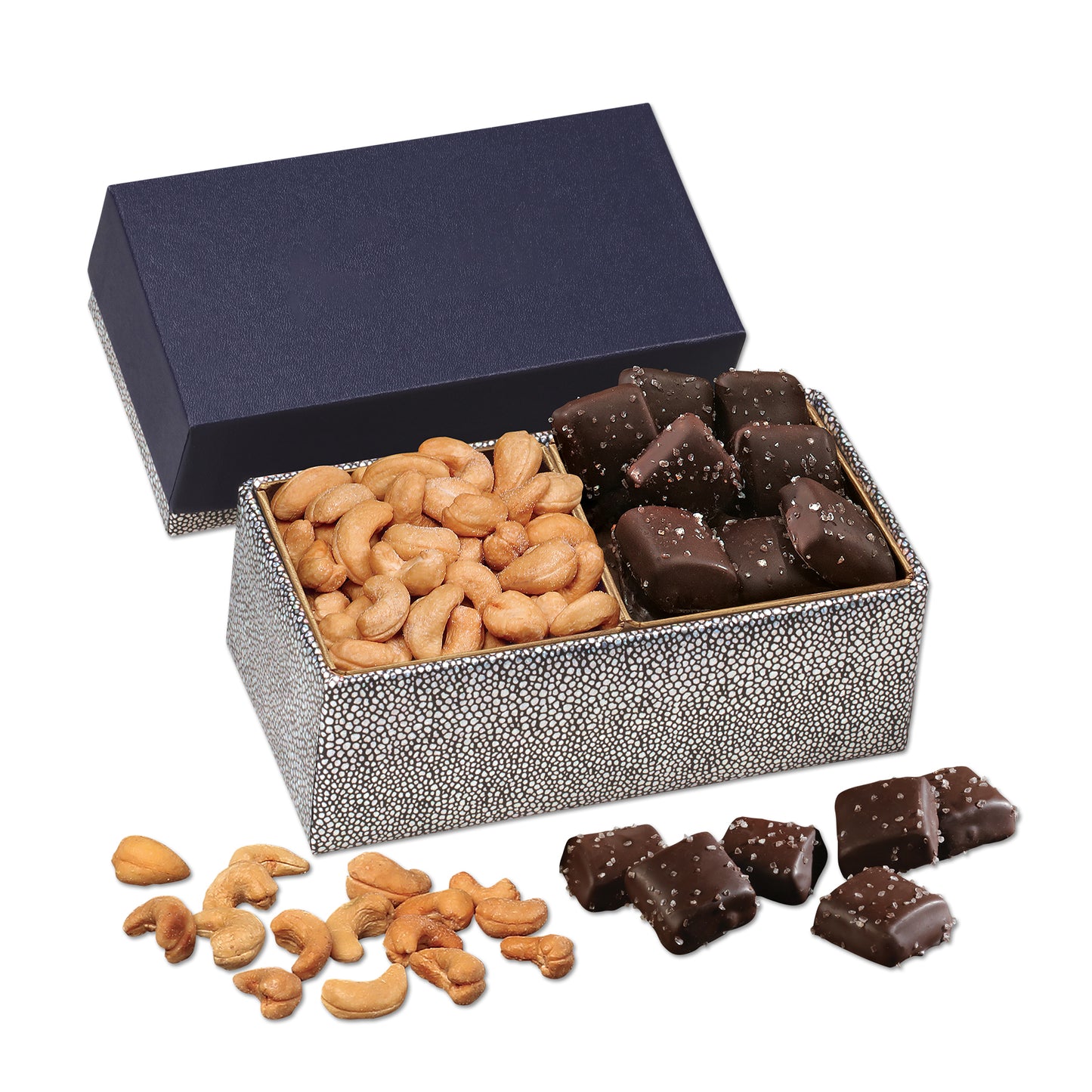 Cashews & Chocolate Sea Salt Caramels in Navy & Silver Gift Box