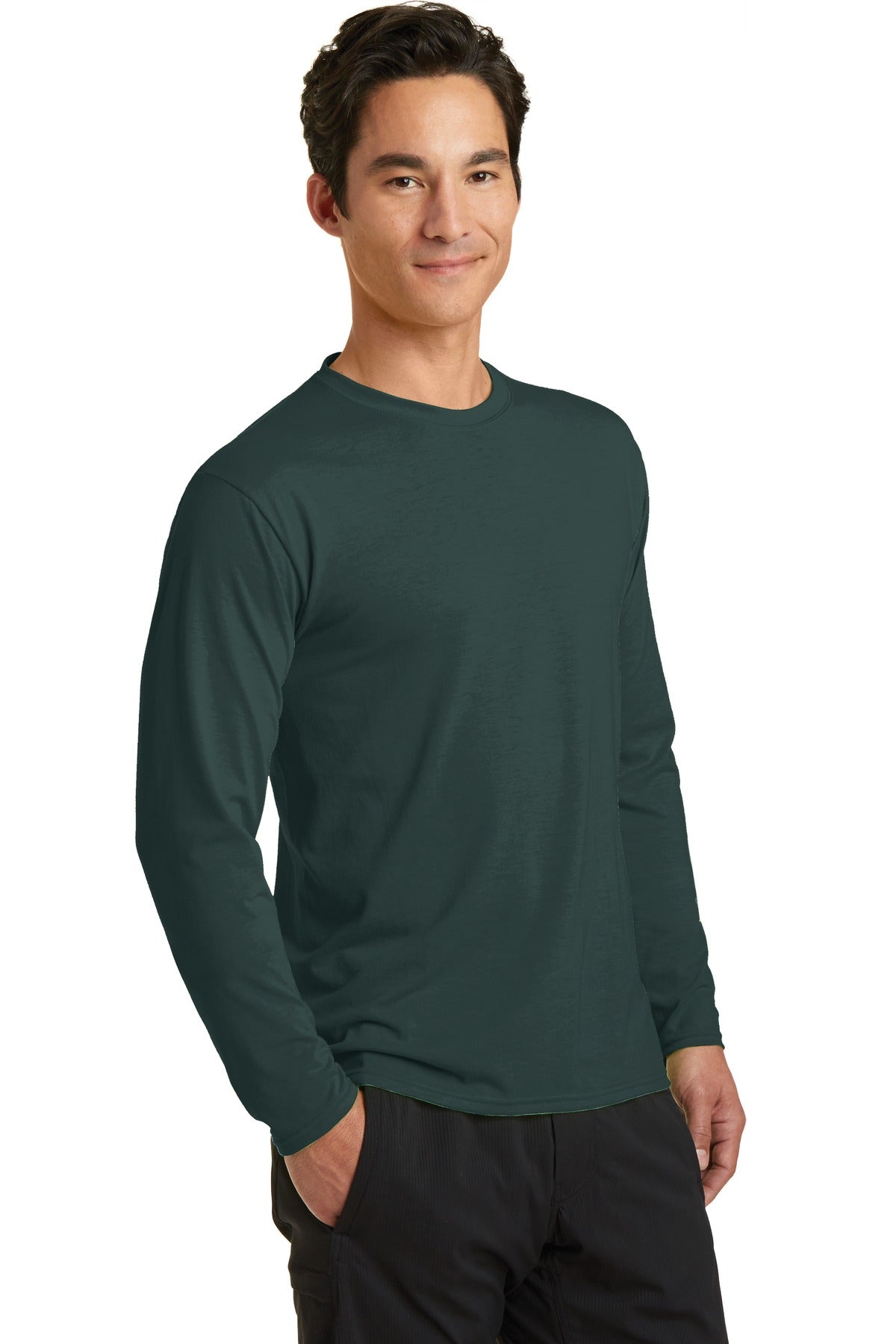 Dark Green Port & Company Long Sleeve Performance Blend Tee. PC381LS