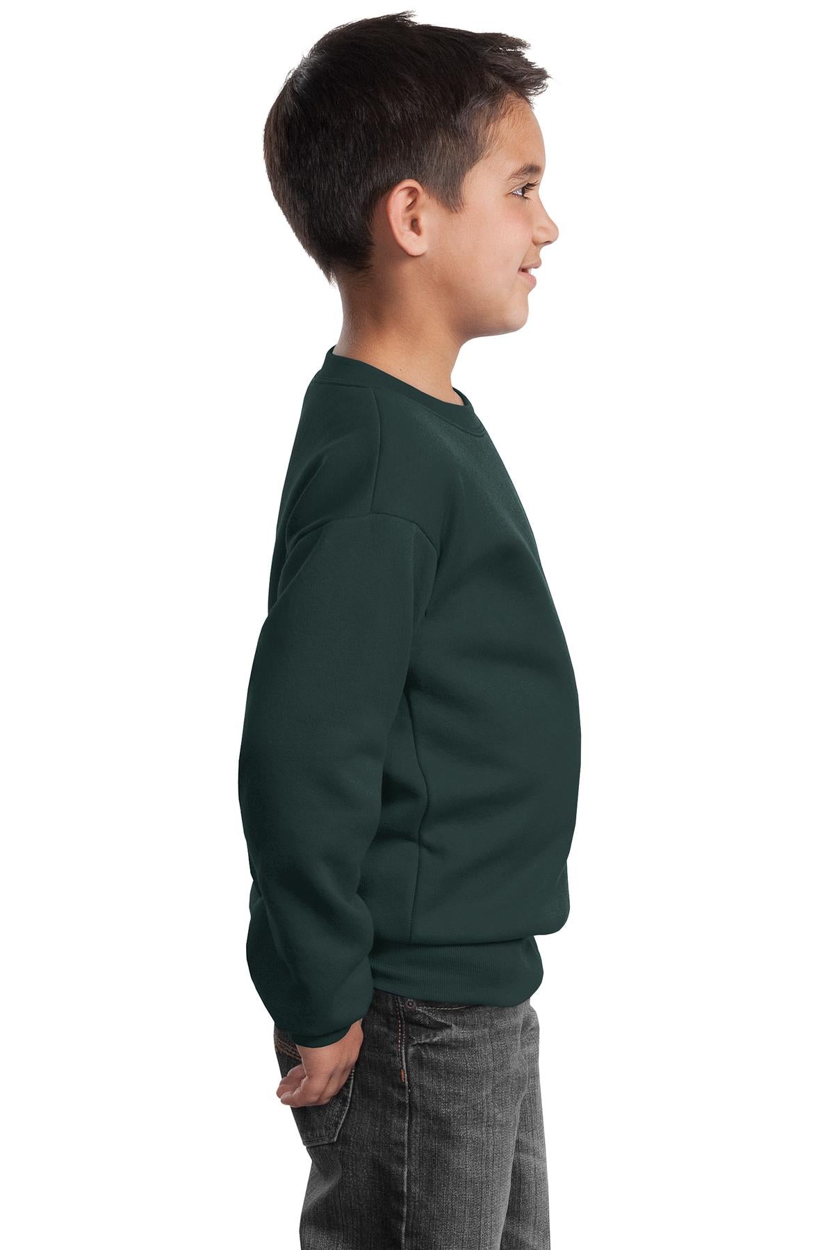 Dark Green Port & Company Youth Core Fleece Crewneck Sweatshirt. PC90Y
