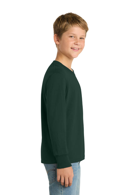 Dark Green Port & Company Youth Long Sleeve Core Cotton Tee. PC54YLS