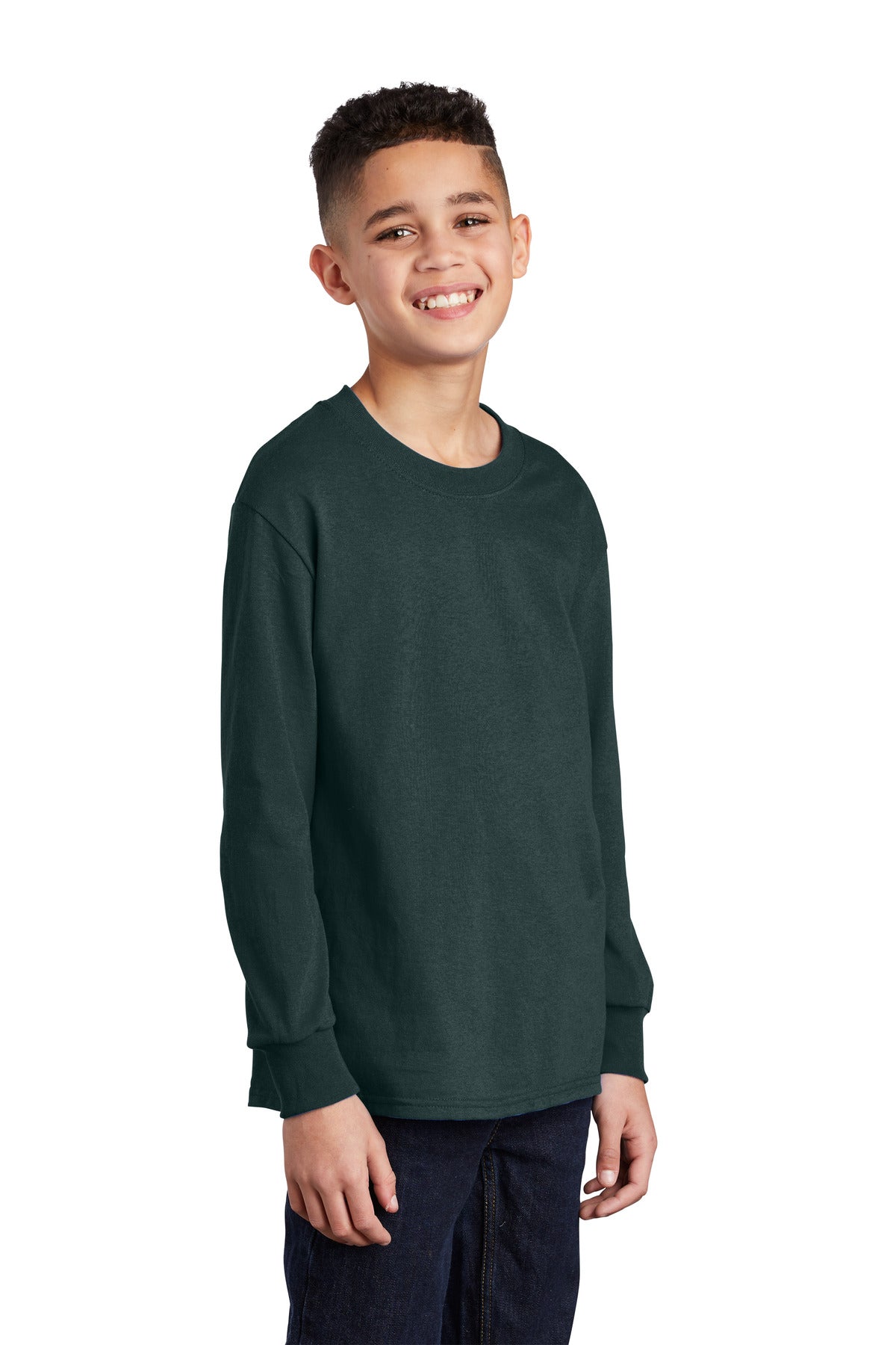 Dark Green Port & Company Youth Long Sleeve Core Cotton Tee. PC54YLS