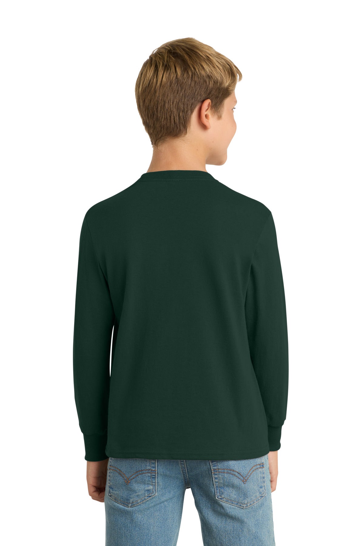 Dark Green Port & Company Youth Long Sleeve Core Cotton Tee. PC54YLS