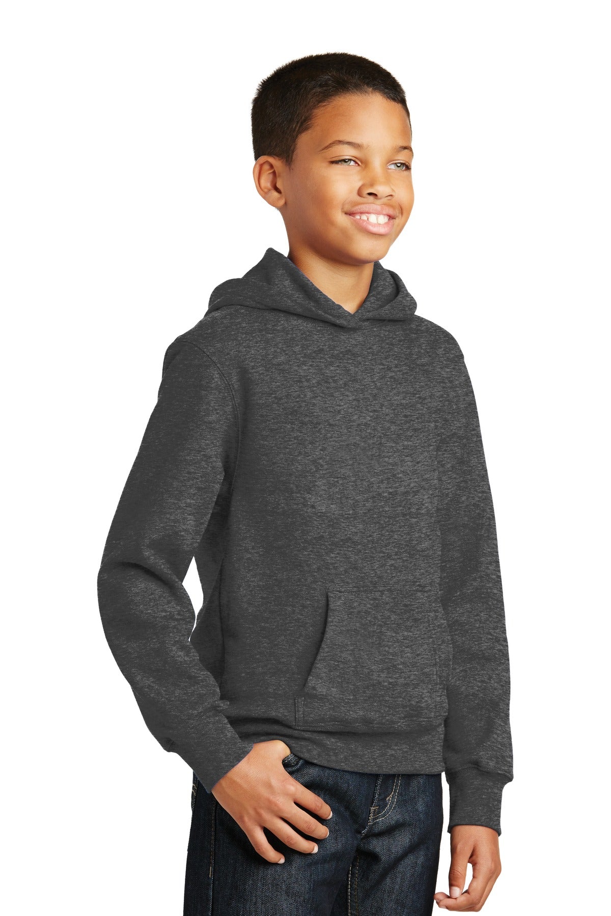 Dark Hthr Grey Port & Company Youth Fan Favorite Fleece Pullover Hooded Sweatshirt. PC850YH