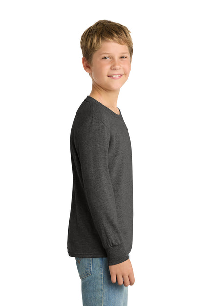 Dark Hthr Grey Port & Company Youth Long Sleeve Core Cotton Tee. PC54YLS