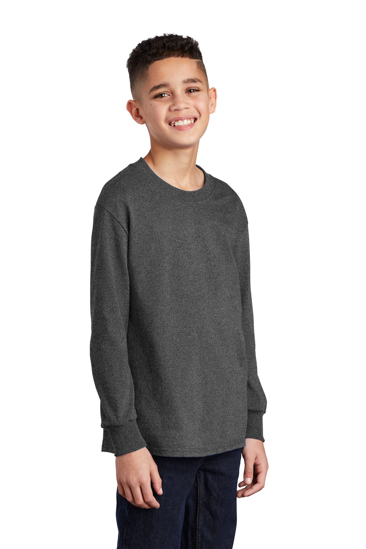 Dark Hthr Grey Port & Company Youth Long Sleeve Core Cotton Tee. PC54YLS