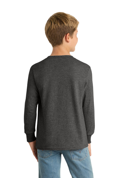 Dark Hthr Grey Port & Company Youth Long Sleeve Core Cotton Tee. PC54YLS