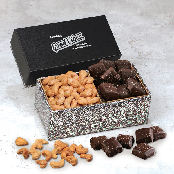 Cashews & Chocolate Sea Salt Caramels in Black & Silver Gift Box