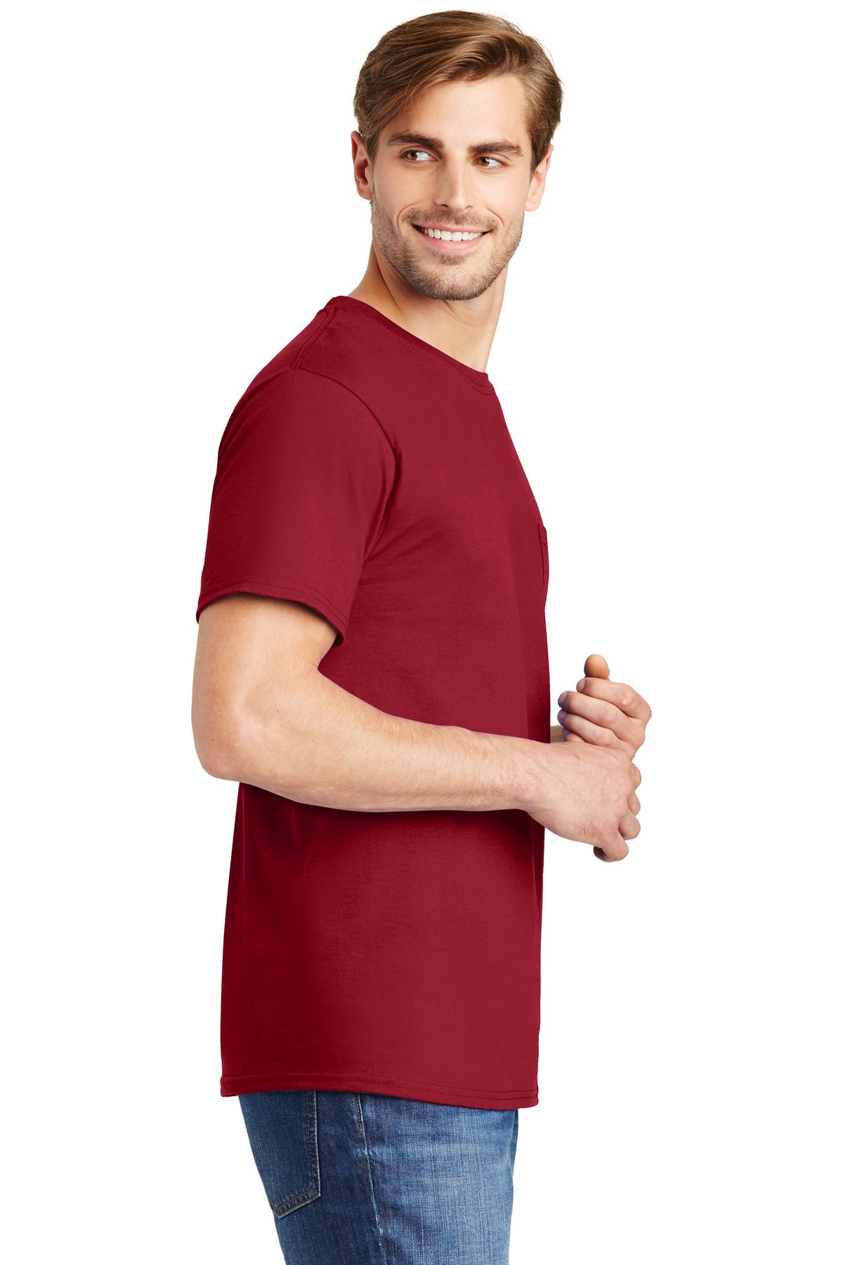 Deep Red Hanes - Authentic 100% Cotton T-Shirt with Pocket. 5590
