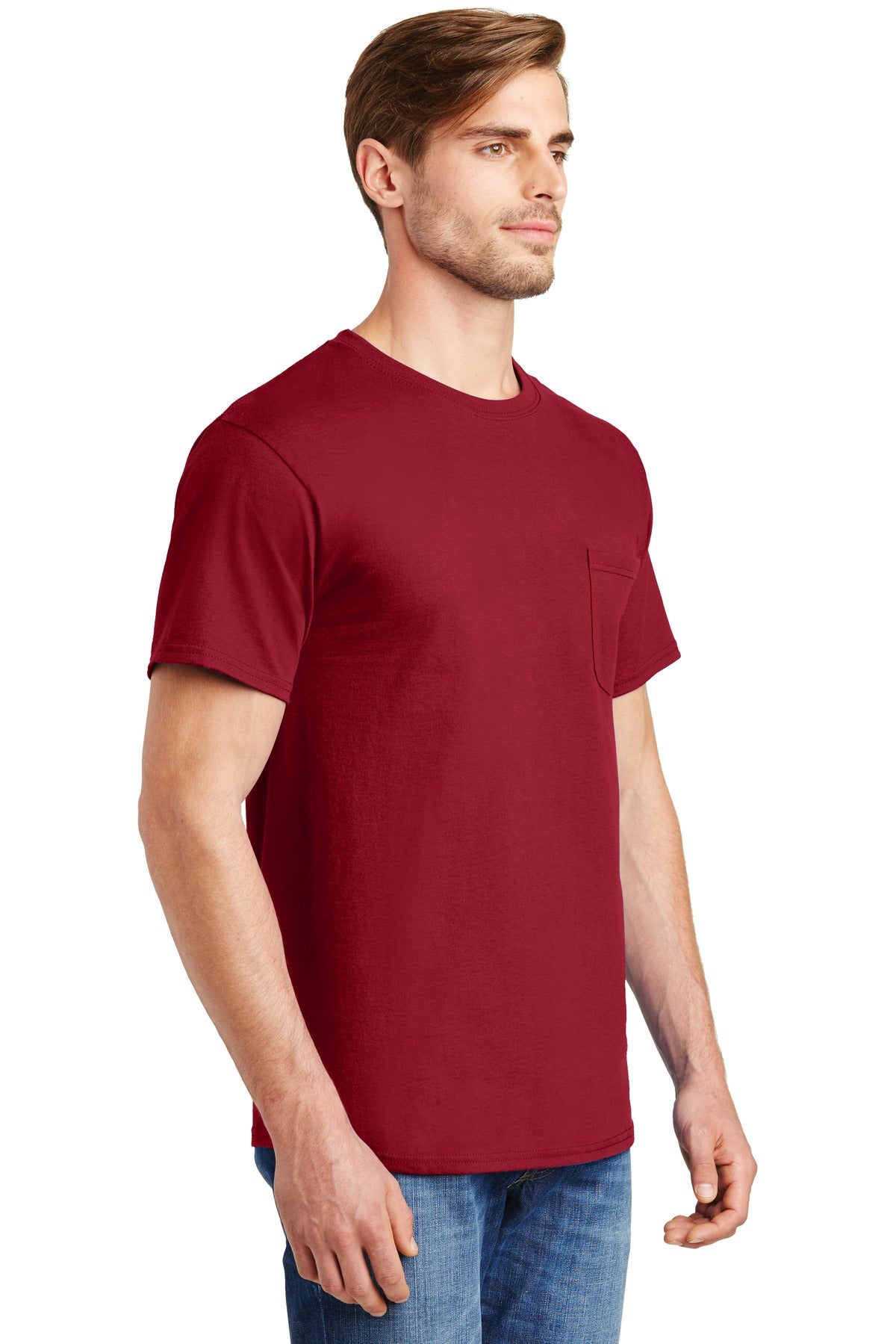 Deep Red Hanes - Authentic 100% Cotton T-Shirt with Pocket. 5590