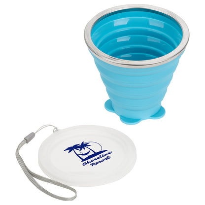 Light Blue Groove 9 oz Collapsible Silicone Cup with Lid
