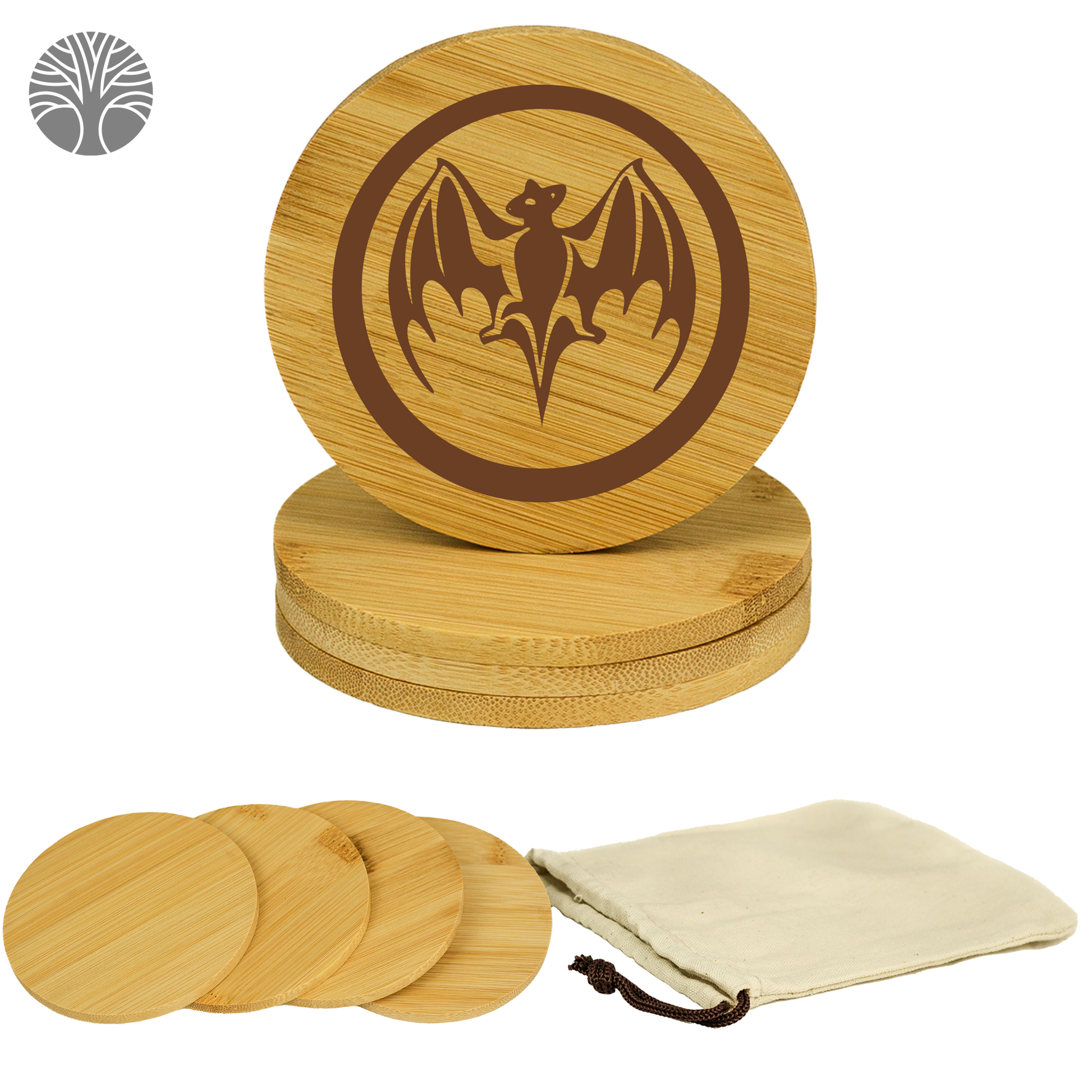 Natural no pigmentation Drinkmat Set Of 4 Bamboo Coasters with Canvas Pouch