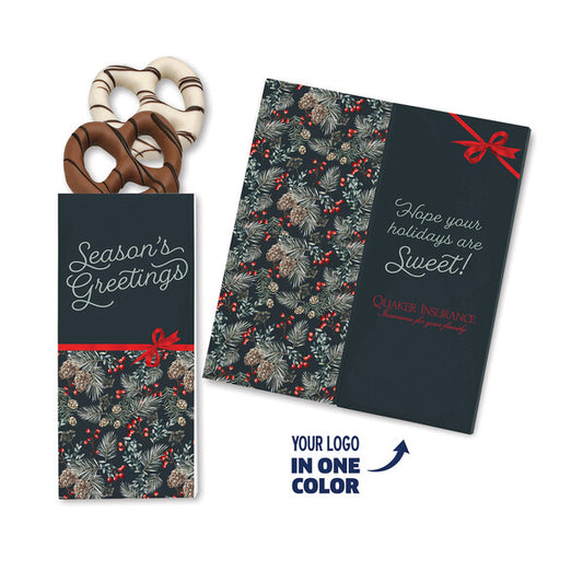 One Color Foil-Stamped Stock Pine Boughs & Berries Sweeter Cards with Chocolate Dipped Pretzels
