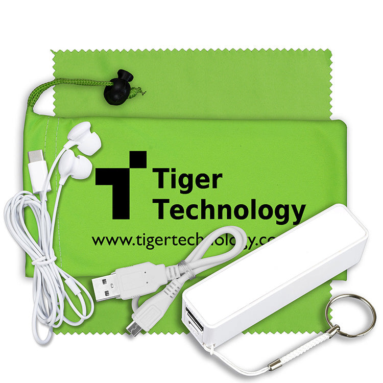 Mobile Tech Power Bank Accessory Kit with Earbuds in Microfiber Cinch Pouch