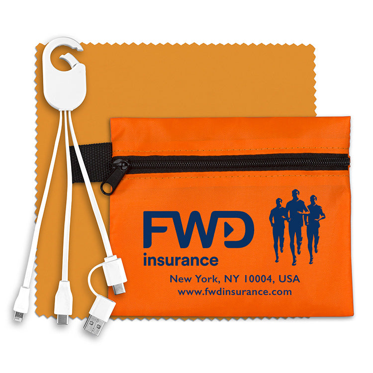 Mobile Tech Charging Cables In Zipper Pouch Components inserted into Polyester Zipper Pouch