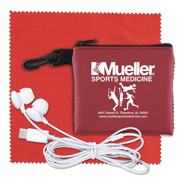 “TechMesh Tunes” Mobile Tech Earbud Kit in Mesh Zipper Pouch Components inserted into Zipper Pouch