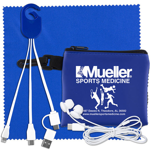 “TechMesh Hang Tunes” Mobile Tech Charging Kit with Earbuds and Charging Cable in Mesh Zipper Pouch