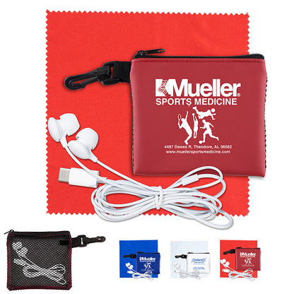 “TechMesh Tunes” Mobile Tech Earbud Kit in Mesh Zipper Pouch Components inserted into Zipper Pouch