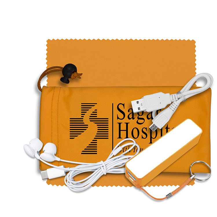 Mobile Tech Power Bank Accessory Kit with Earbuds in Microfiber Cinch Pouch