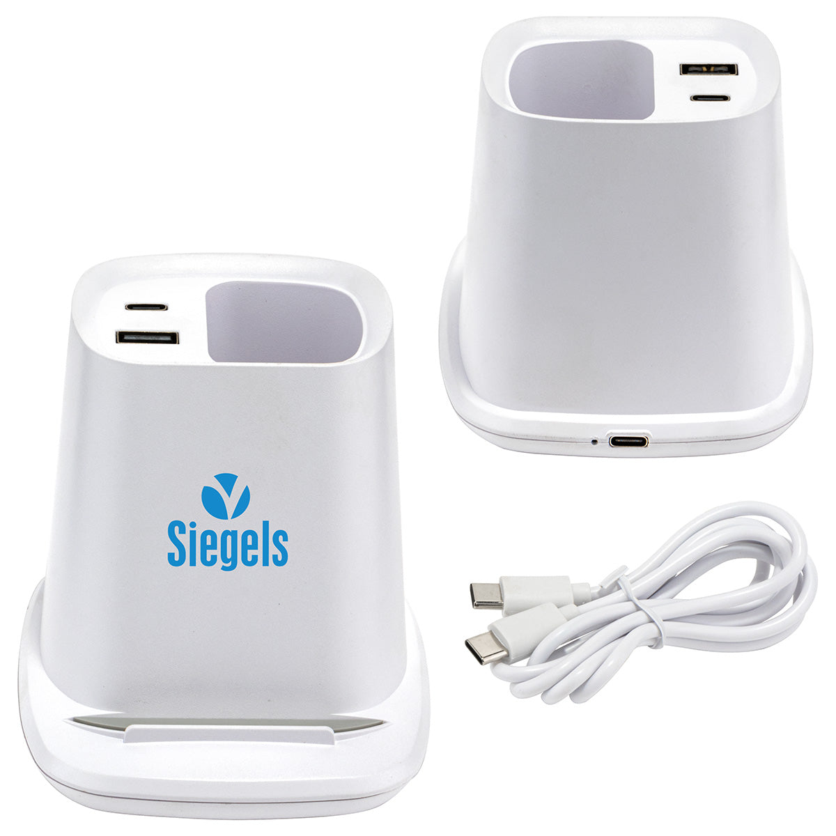 White Annex Wireless Charging Stand with Dual Ports & Pen Holder