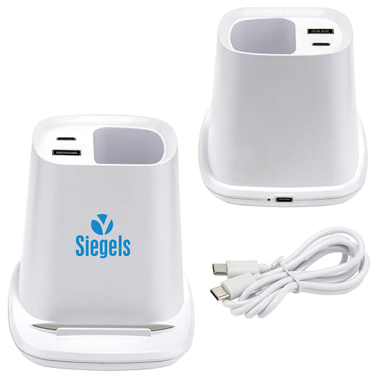 White Annex Wireless Charging Stand with Dual Ports & Pen Holder
