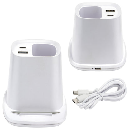 White Annex Wireless Charging Stand with Dual Ports & Pen Holder