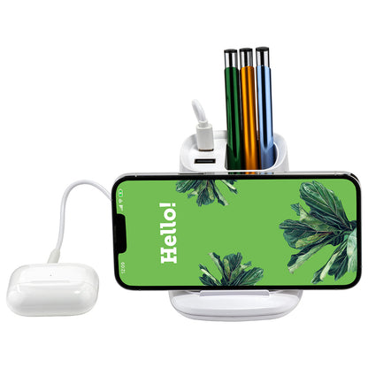 White Annex Wireless Charging Stand with Dual Ports & Pen Holder