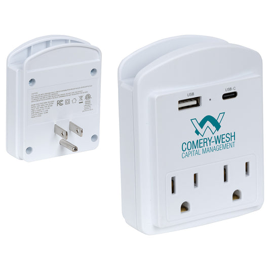 White Flux Wall Charger & Phone Holder with Type-C, USB & AC Outlets