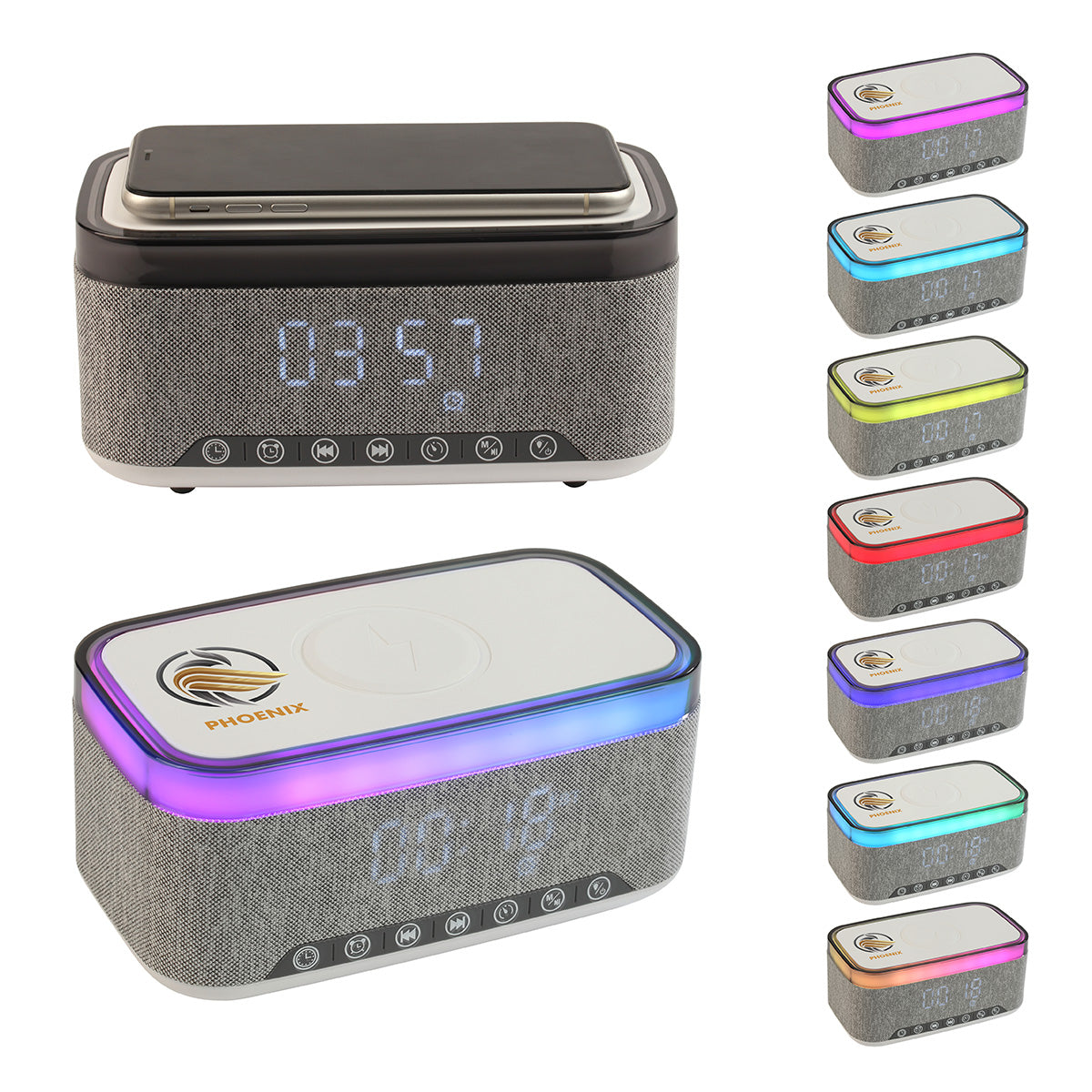 Gray Sunset 20W Stereo Speaker with White Noise, Clock, Radio, and 15W Wireless Charger