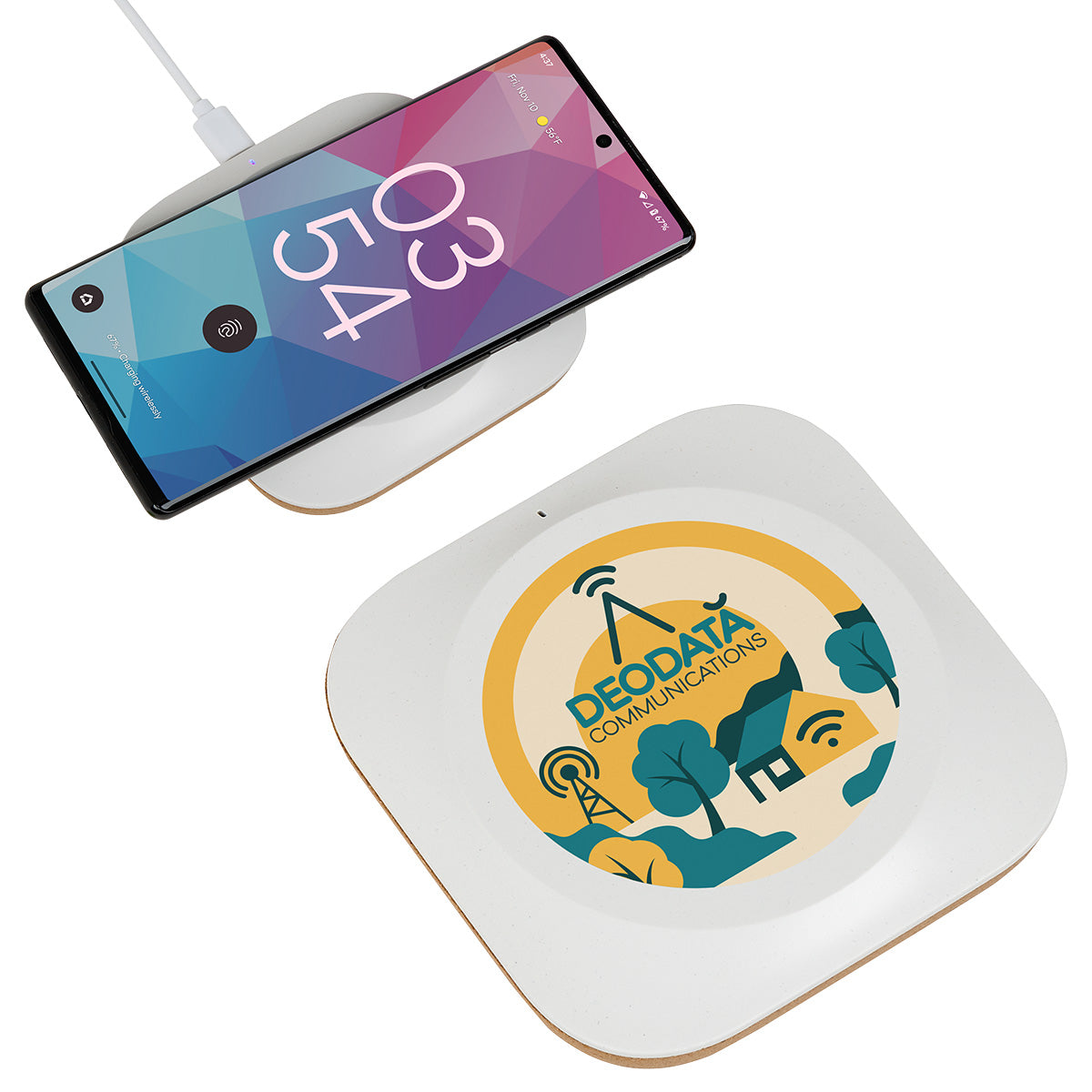 White Trident 15W Wireless Charger Made With FSC® Cork & Recycled Plastic