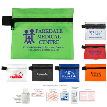 Red "SANITIME PLUS" 9 Piece Hand Sanitizer First Aid Kit