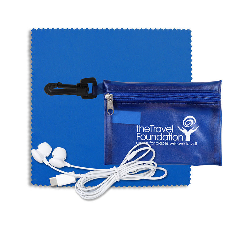 Earbud Tech Kit with Microfiber Cleaning Cloth In Translucent Carabiner Zipper Pouch