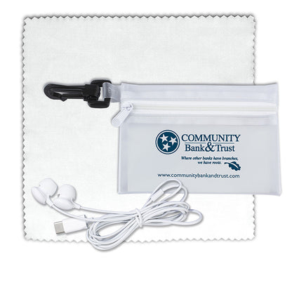 Earbud Tech Kit with Microfiber Cleaning Cloth In Translucent Carabiner Zipper Pouch