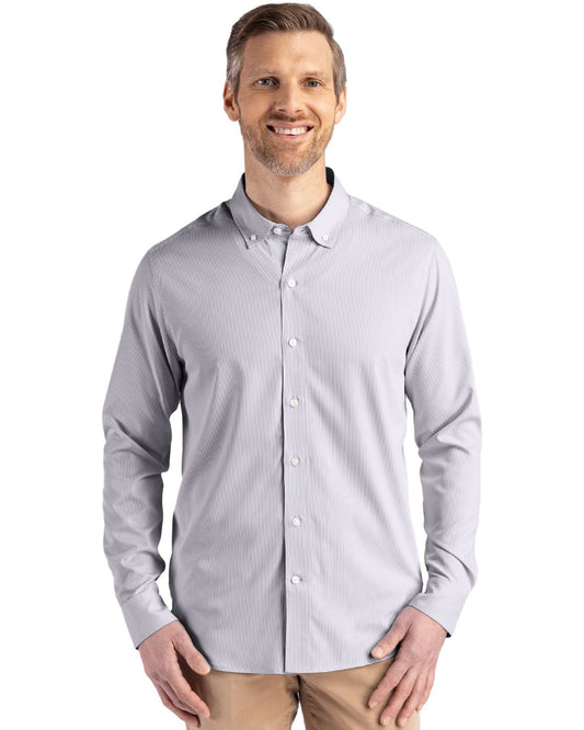 Elemental Grey/White Cutter & Buck Skyline Epic Confidence Recycled Pinstripe Mens Long Sleeve Dress Shirt  - S