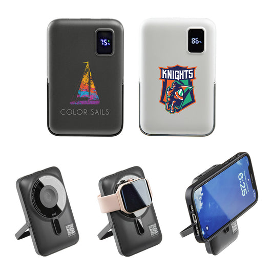 Gray Regal 10000mAh 20W PD Power Bank w/15W Magnetic Wireless Charger, Watch Charger & Phone Stand