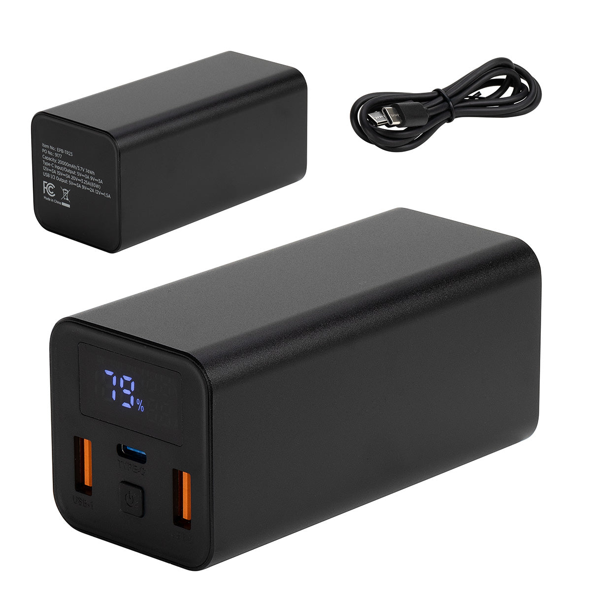 Black Touring 20000mAh 65W PD Power Bank with Type-C & Dual USB Ports