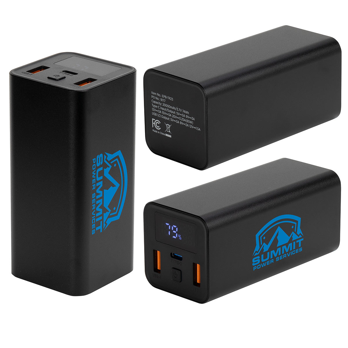 Black Touring 20000mAh 65W PD Power Bank with Type-C & Dual USB Ports